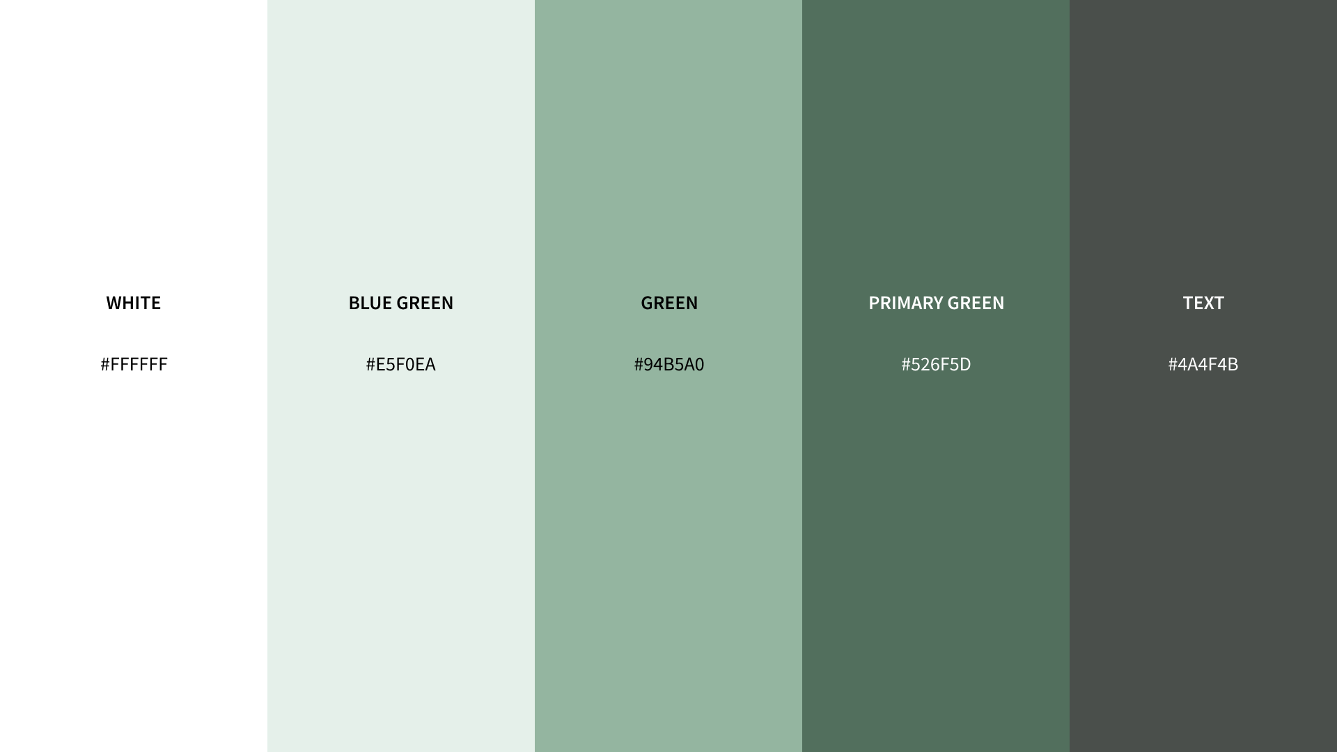 Colour palette: white, blue green, green, primary green and text