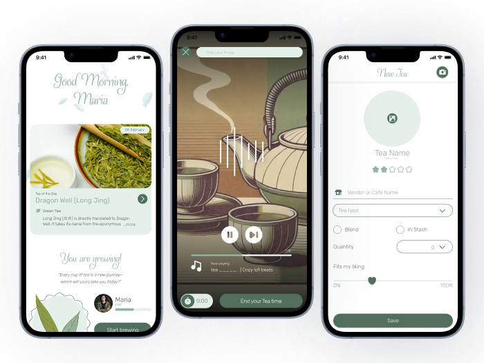 Personalized home screen with the tea of the day, a lofi player and a growing leaf